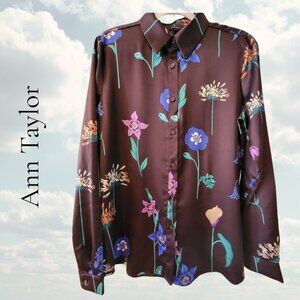 🌸 Ann Taylor Floral Button-Up Blouse – Size L Tall – Eggplant 🌸